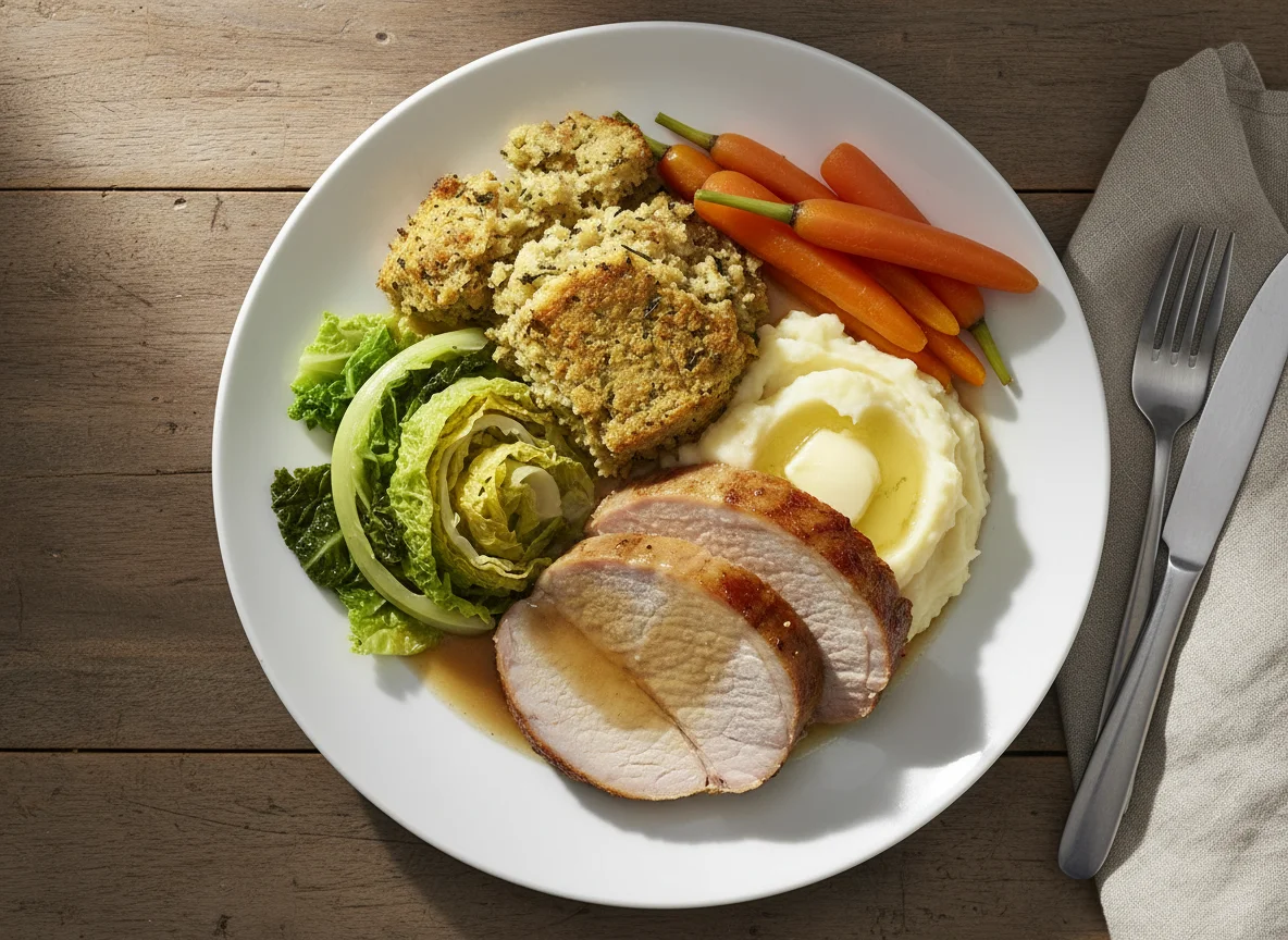 Roast Pork with Stuffing, Mashed Potatoes, and Vegetables photo