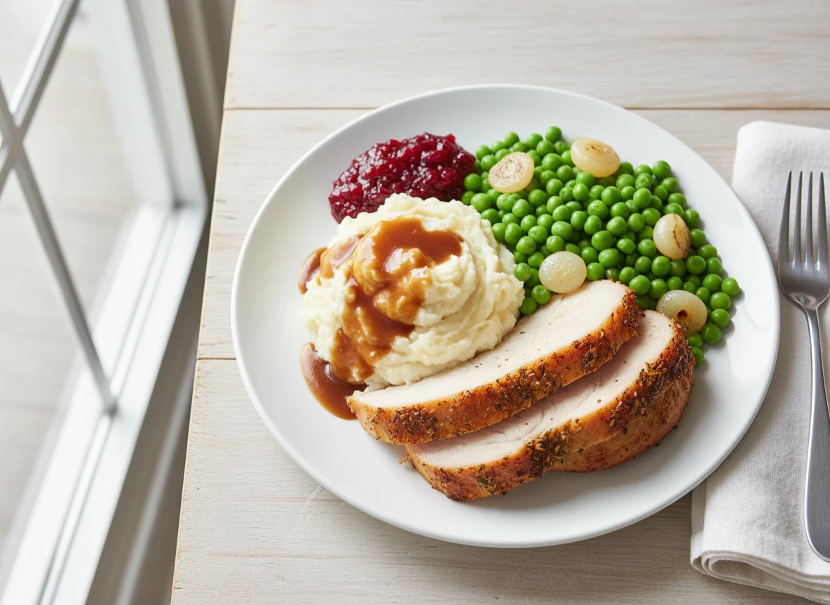 Roast Turkey Dinner with Mashed Potatoes and Peas photo