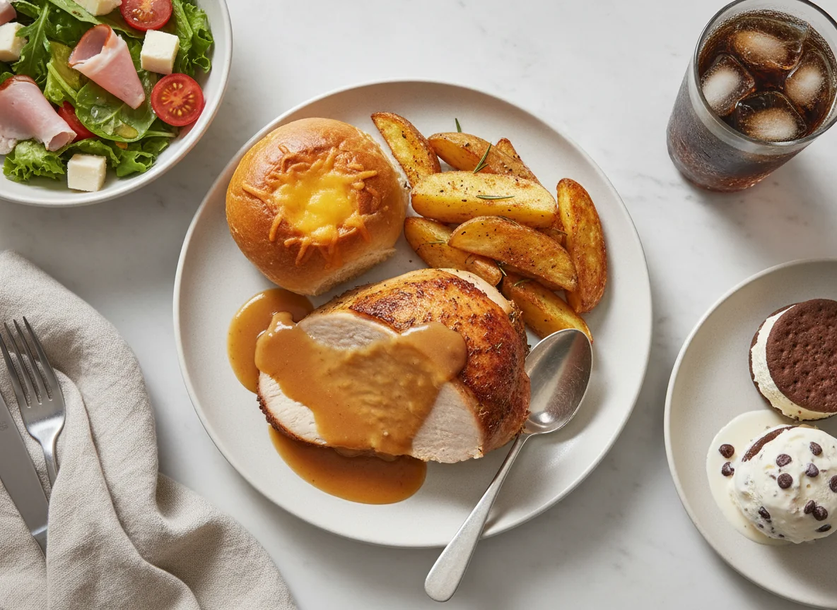 Roast Turkey Dinner with Side Salad and Ice Cream Sandwich photo