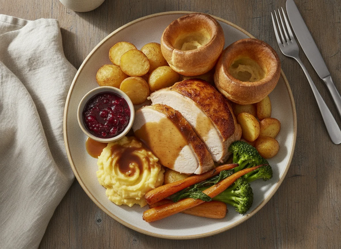 Roast Turkey Dinner with Yorkshire Pudding and Vegetables photo
