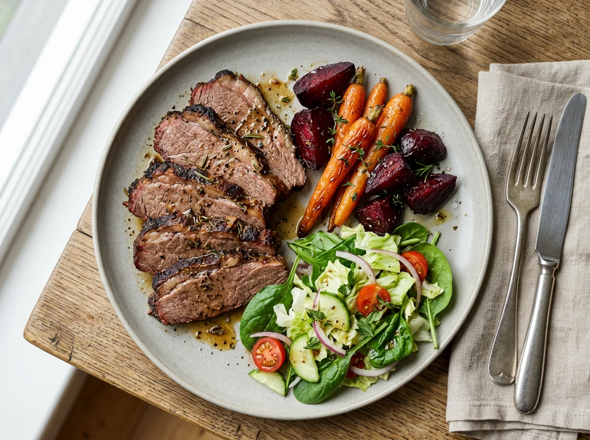 Roasted Brisket Beef with Roasted Root Vegetables and Salad photo