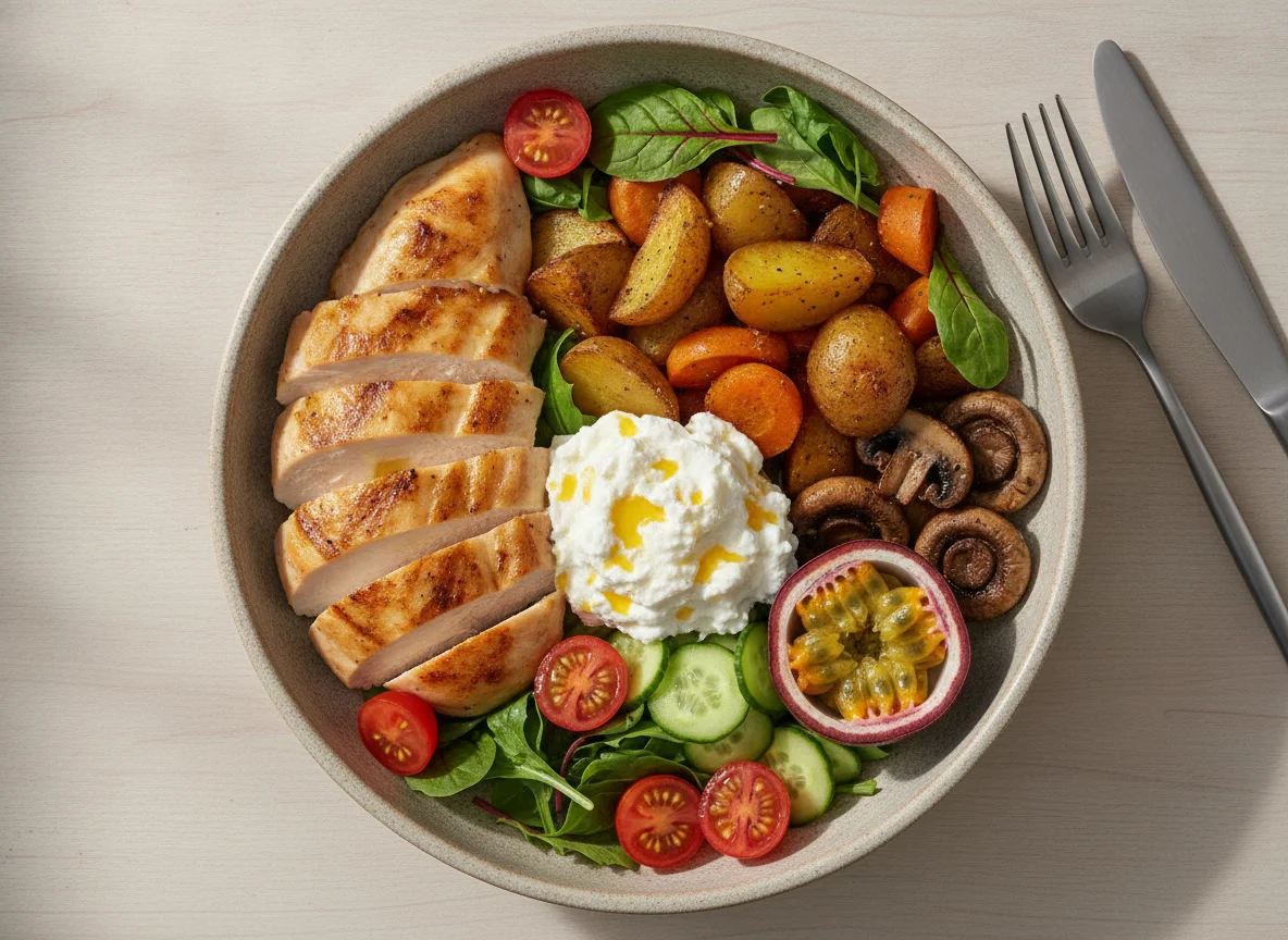 Roasted chicken and vegetable bowl with cottage cheese and passion fruit photo