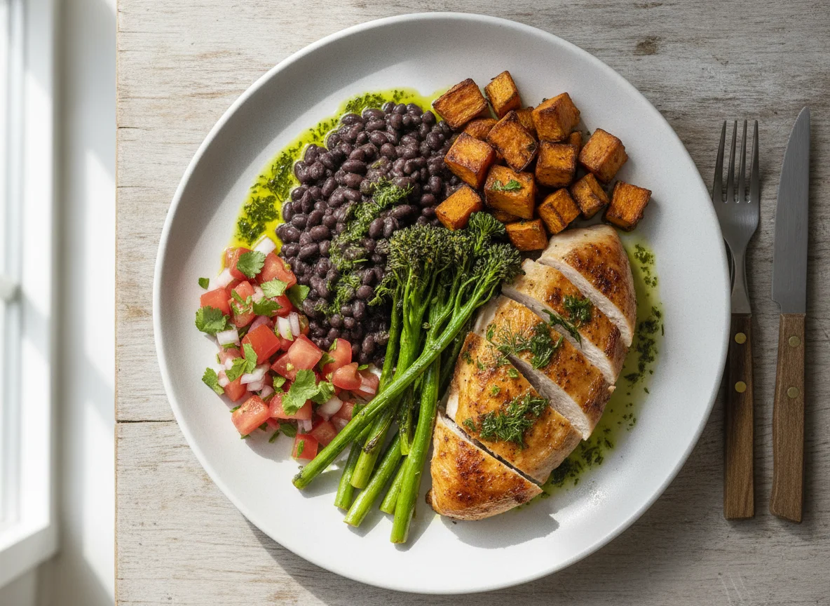 Roasted chicken breast with black beans and tenderstem broccoli photo