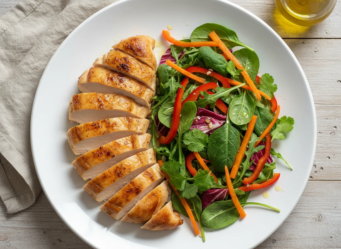Roasted chicken breast with mixed salad and carrots photo