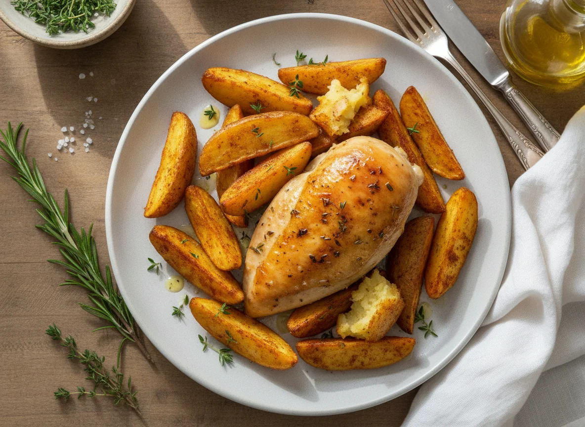 Roasted chicken breast with potato wedges photo