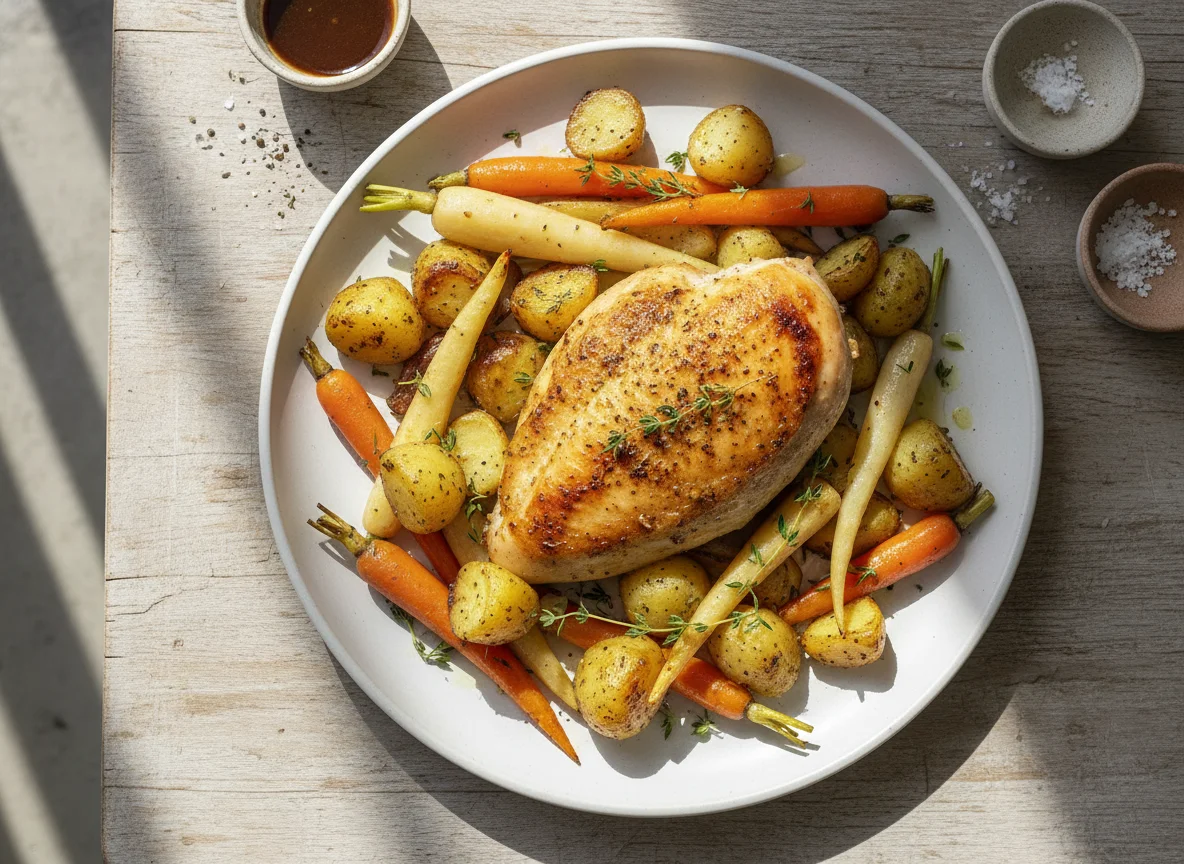 Roasted Chicken Breast with Potatoes and Root Vegetables photo