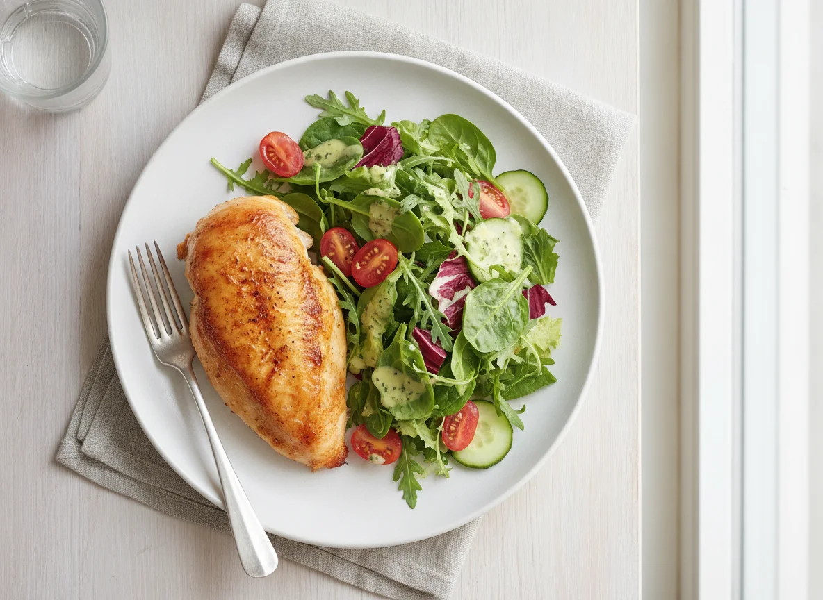 Roasted chicken breast with side salad photo