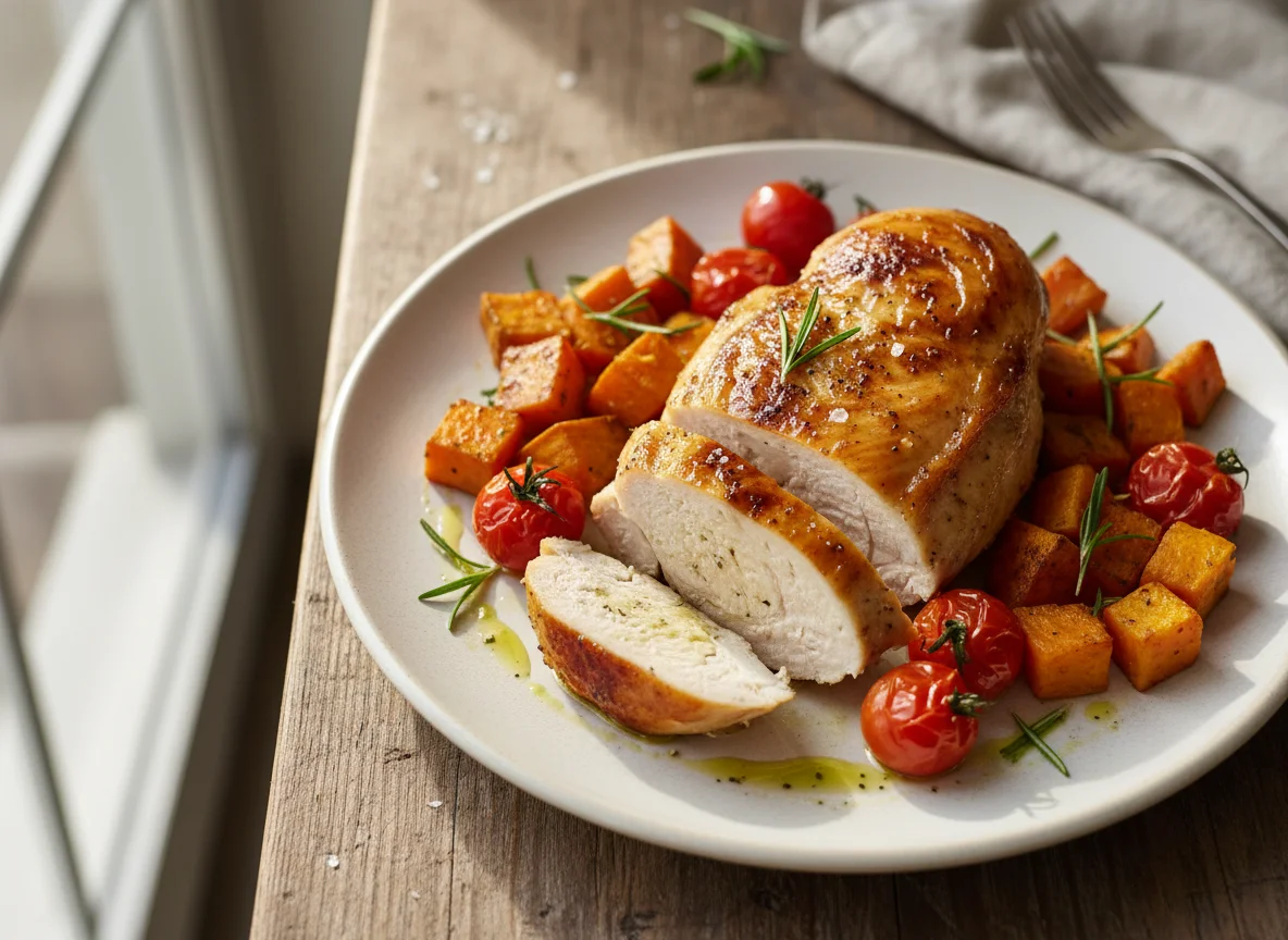 Roasted Chicken Breast with Sweet Potatoes and Cherry Tomatoes photo