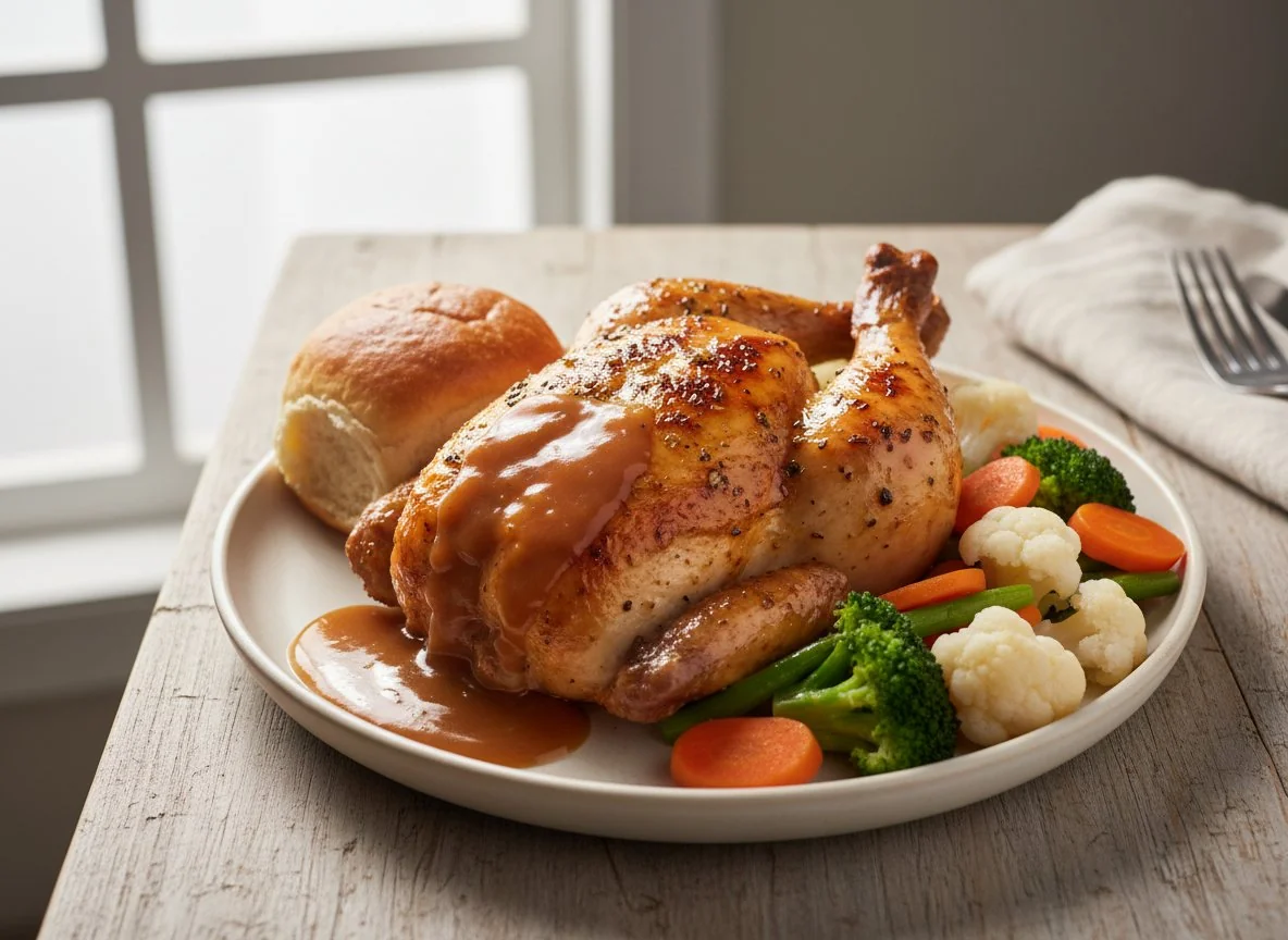 Roasted Chicken Dinner with Vegetables and Gravy photo