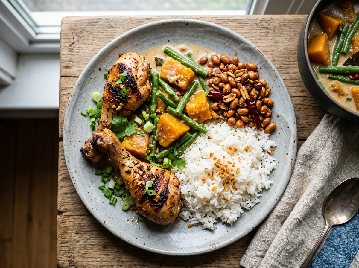 Roasted Chicken Drumstick with Ginataang Kalabasa at Sitaw and Adobong Mani photo