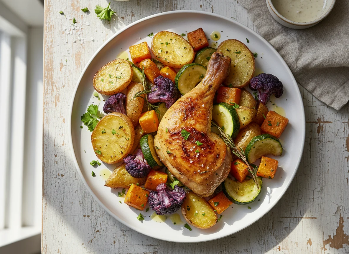 Roasted Chicken Drumstick with Mixed Vegetables and Potatoes photo
