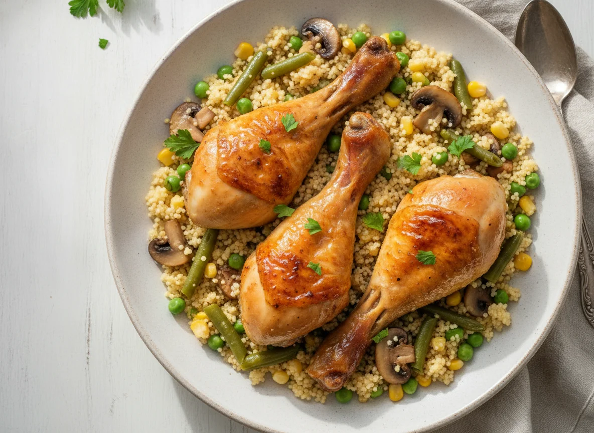 Roasted chicken drumsticks with couscous and mixed vegetables photo