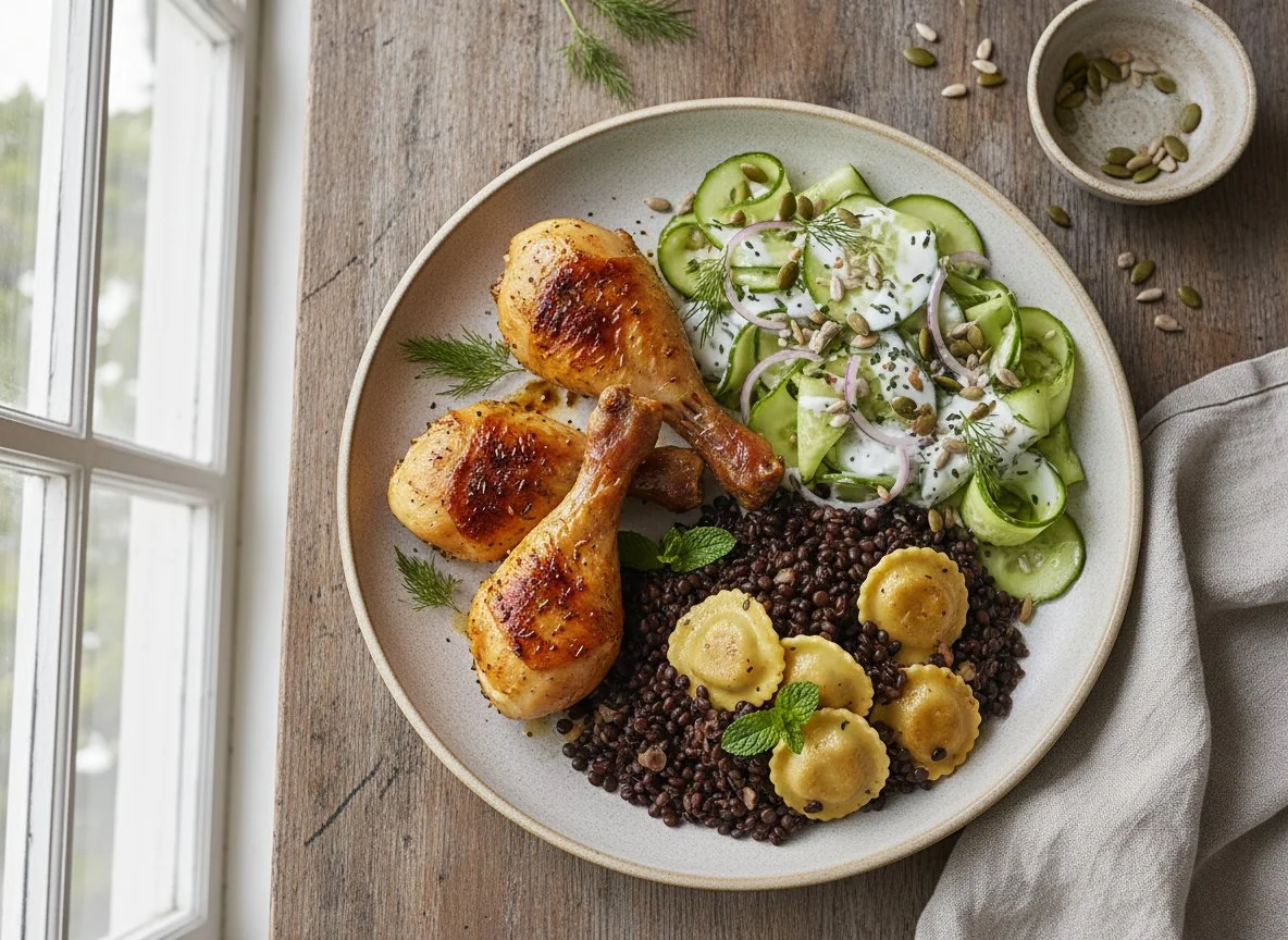 Roasted Chicken Drumsticks with Cucumber Salad and Black Lentils photo