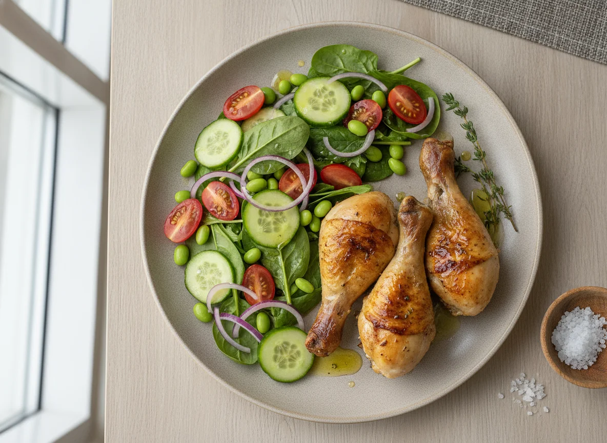 Roasted chicken drumsticks with fresh vegetable salad photo