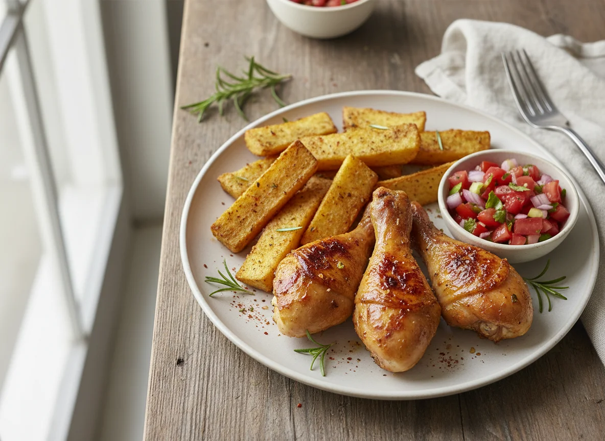 Roasted Chicken Drumsticks with Fried Yam and Tomato Salsa photo