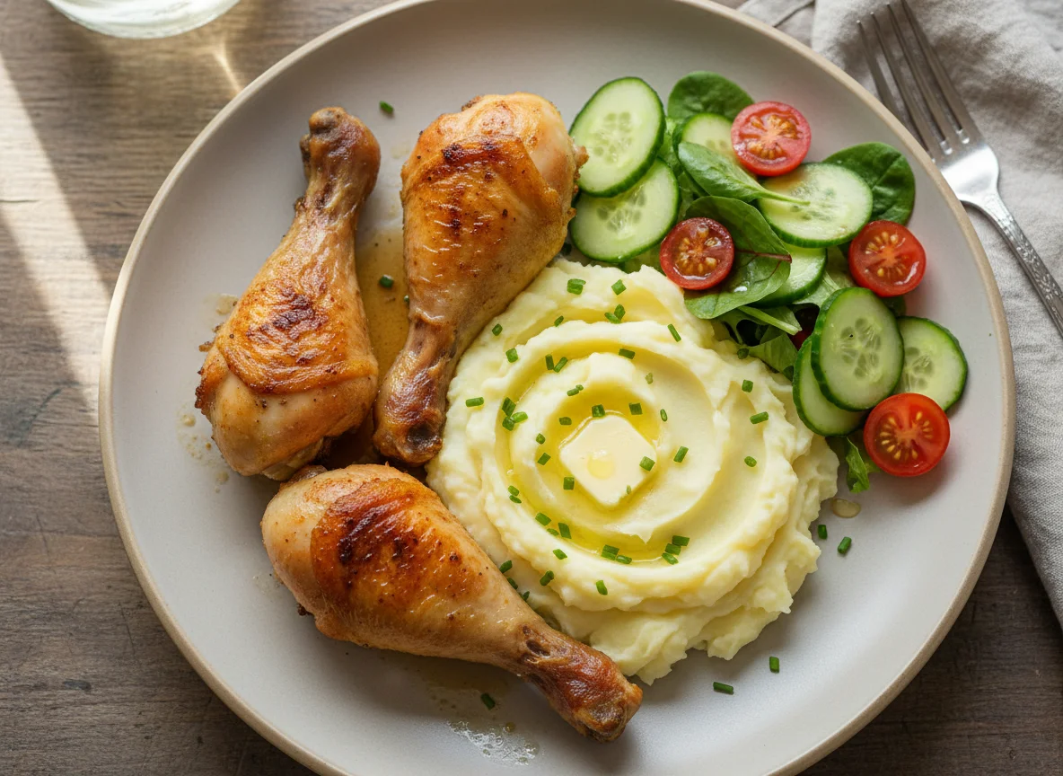 Roasted Chicken Drumsticks with Mashed Potatoes and Salad photo