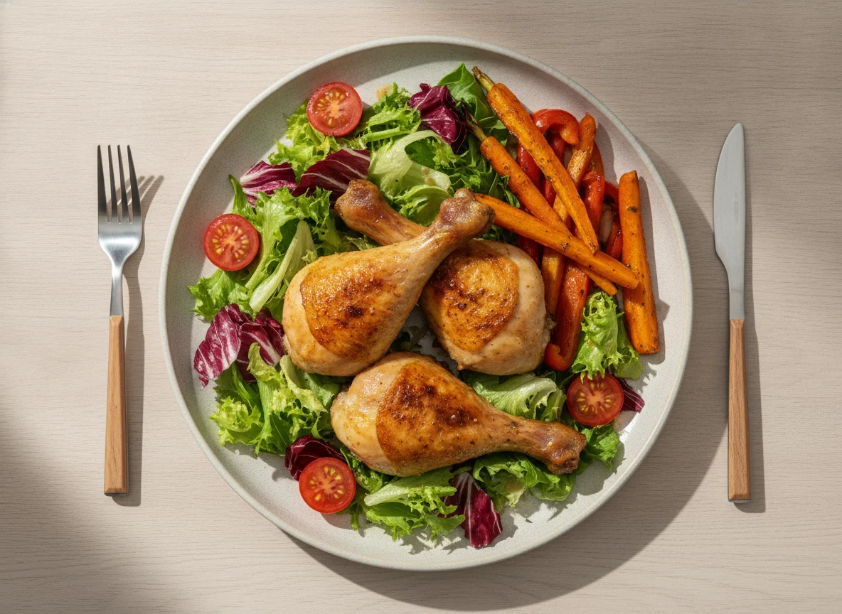 Roasted chicken drumsticks with mixed salad and roasted vegetables photo