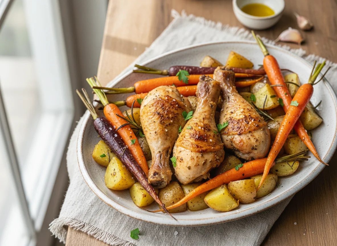 Roasted Chicken Drumsticks with Potatoes and Carrots photo