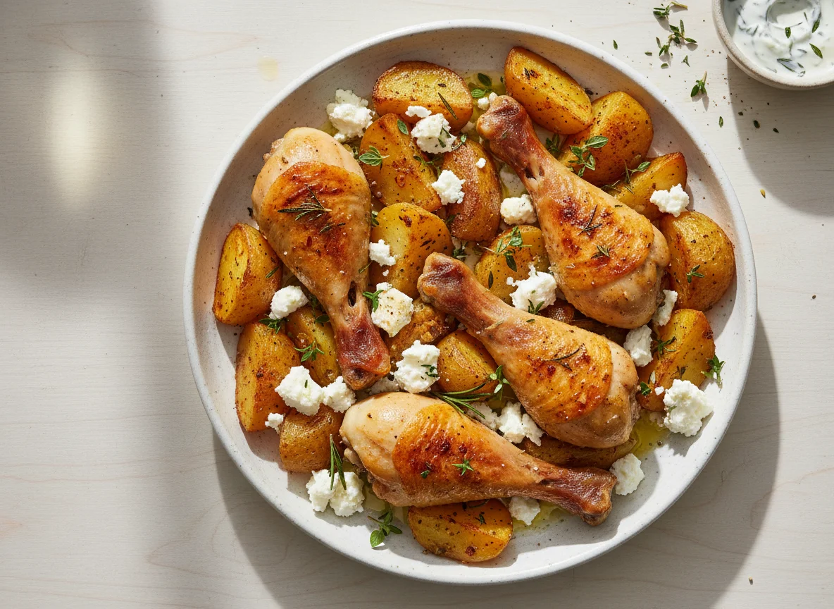 Roasted Chicken Drumsticks with Potatoes and Feta photo