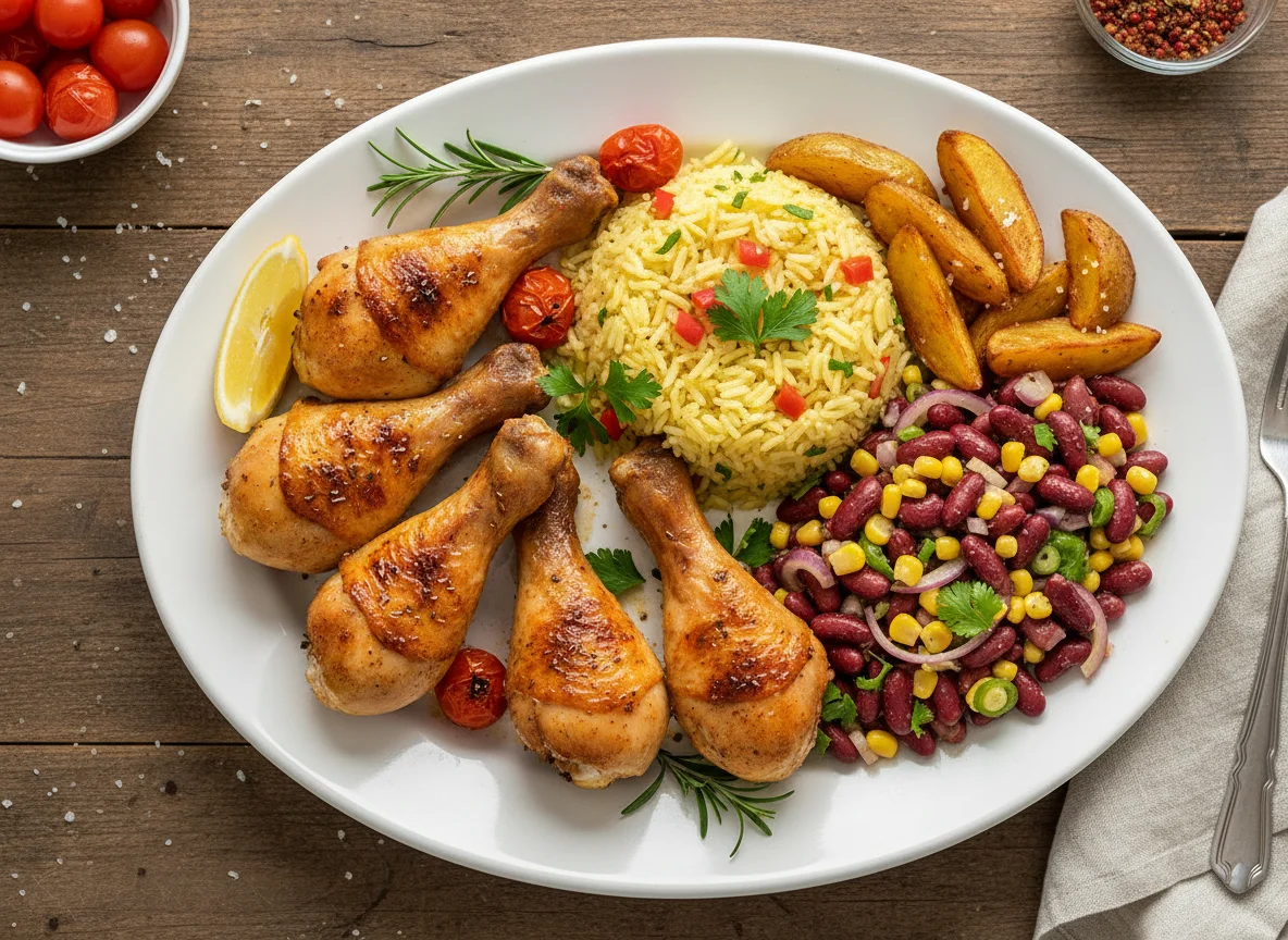 Roasted Chicken Drumsticks with Rice, Bean Salad, and Roasted Potatoes photo