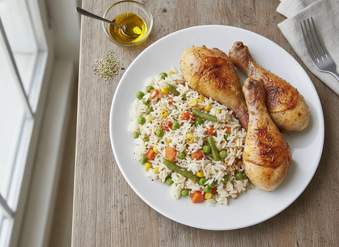 Roasted chicken drumsticks with vegetable rice photo