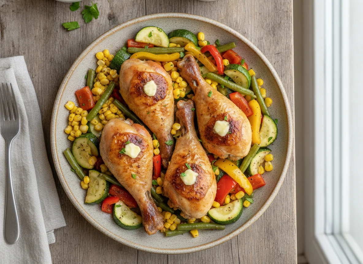 Roasted chicken drumsticks with vegetables photo