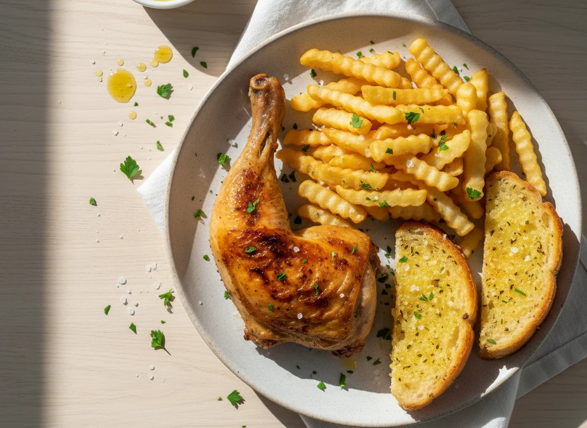 Roasted Chicken Leg Quarter with Fries and Garlic Bread photo