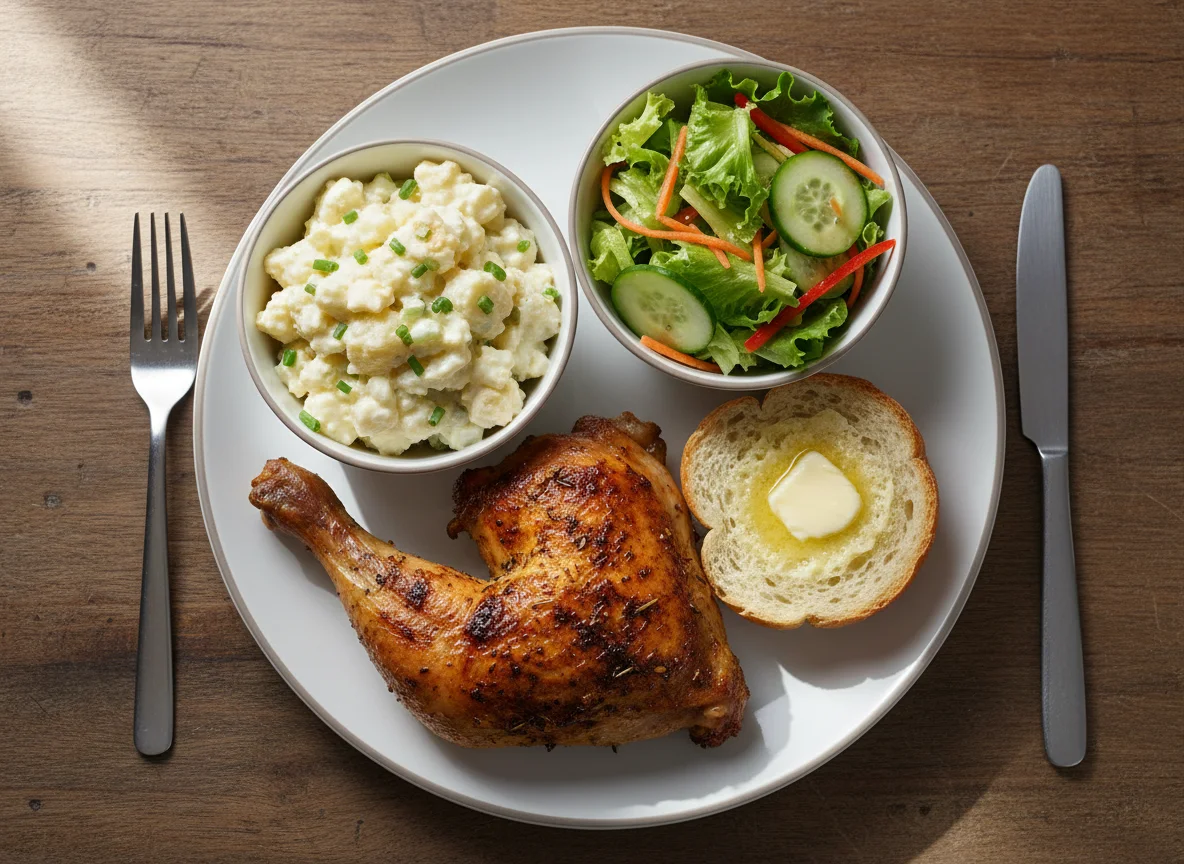 Roasted Chicken Leg Quarter with Potato Salad, Side Salad, and Bread Roll with Butter photo