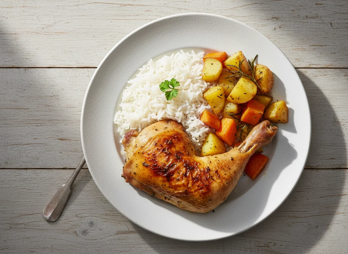 Roasted Chicken Leg Quarter with Rice and Vegetables photo