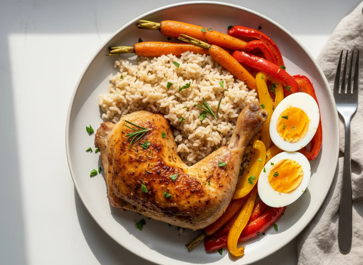 Roasted Chicken Leg Quarter with Rice, Eggs, and Roasted Vegetables photo