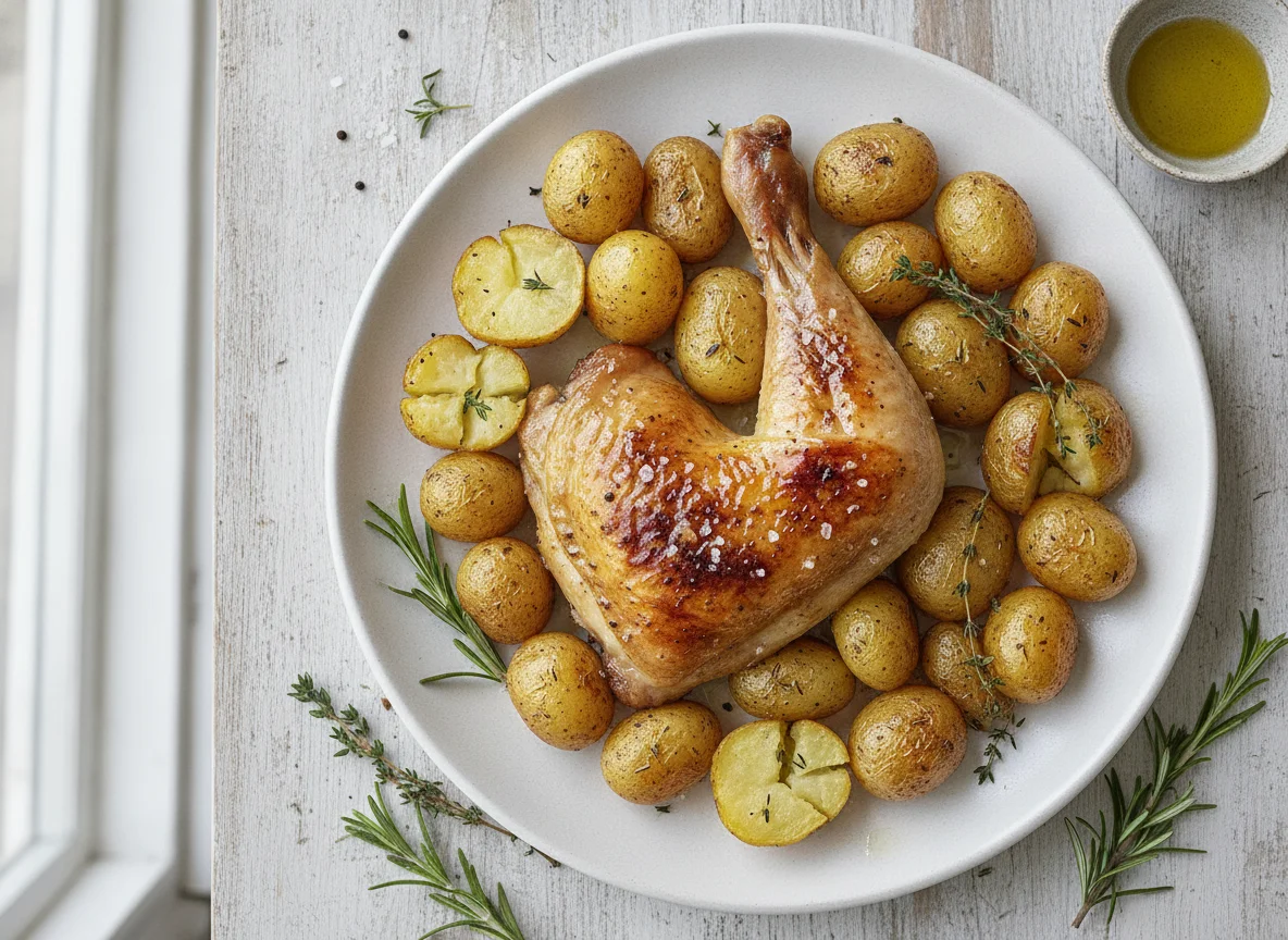 Roasted chicken leg with baby potatoes photo