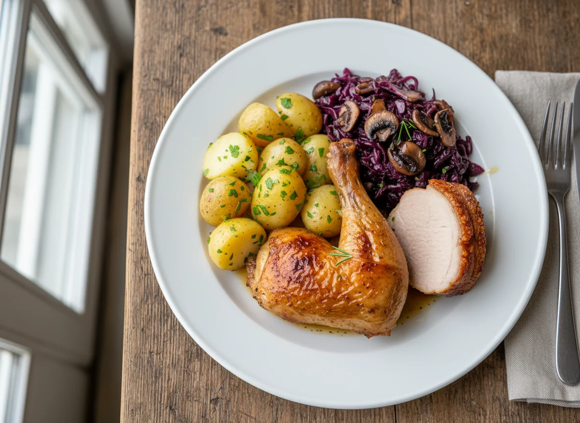 Roasted chicken leg with boiled potatoes and braised cabbage photo