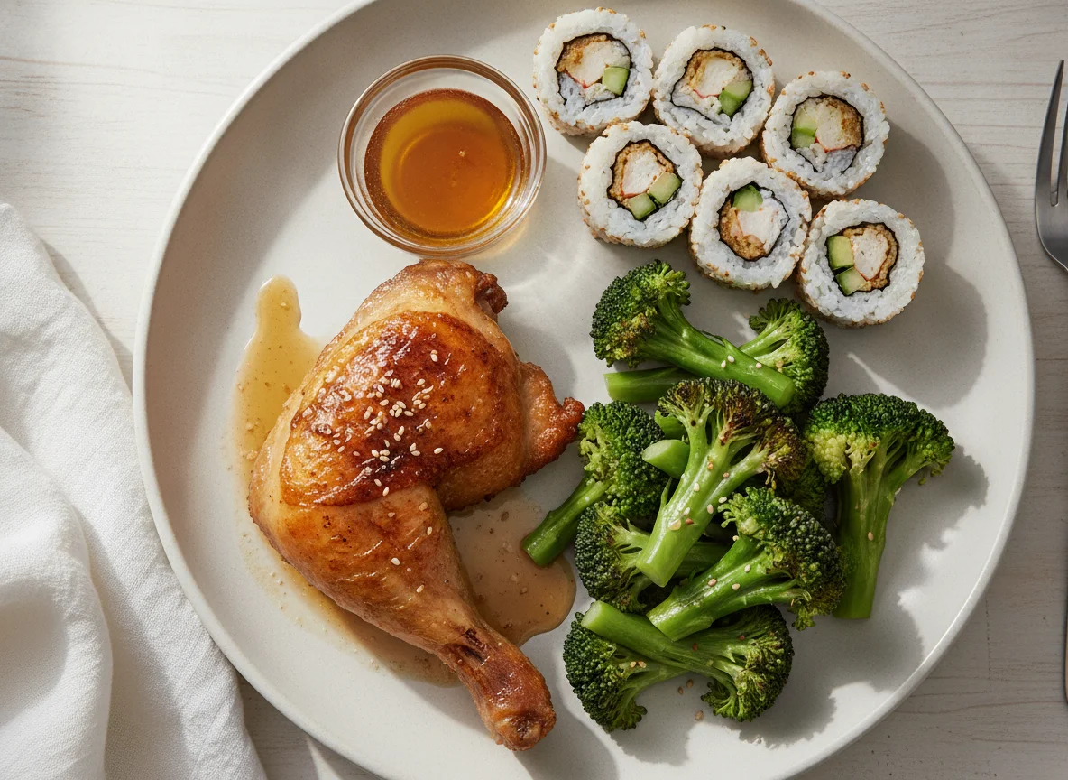 Roasted Chicken Leg with Broccoli and Sushi Roll photo