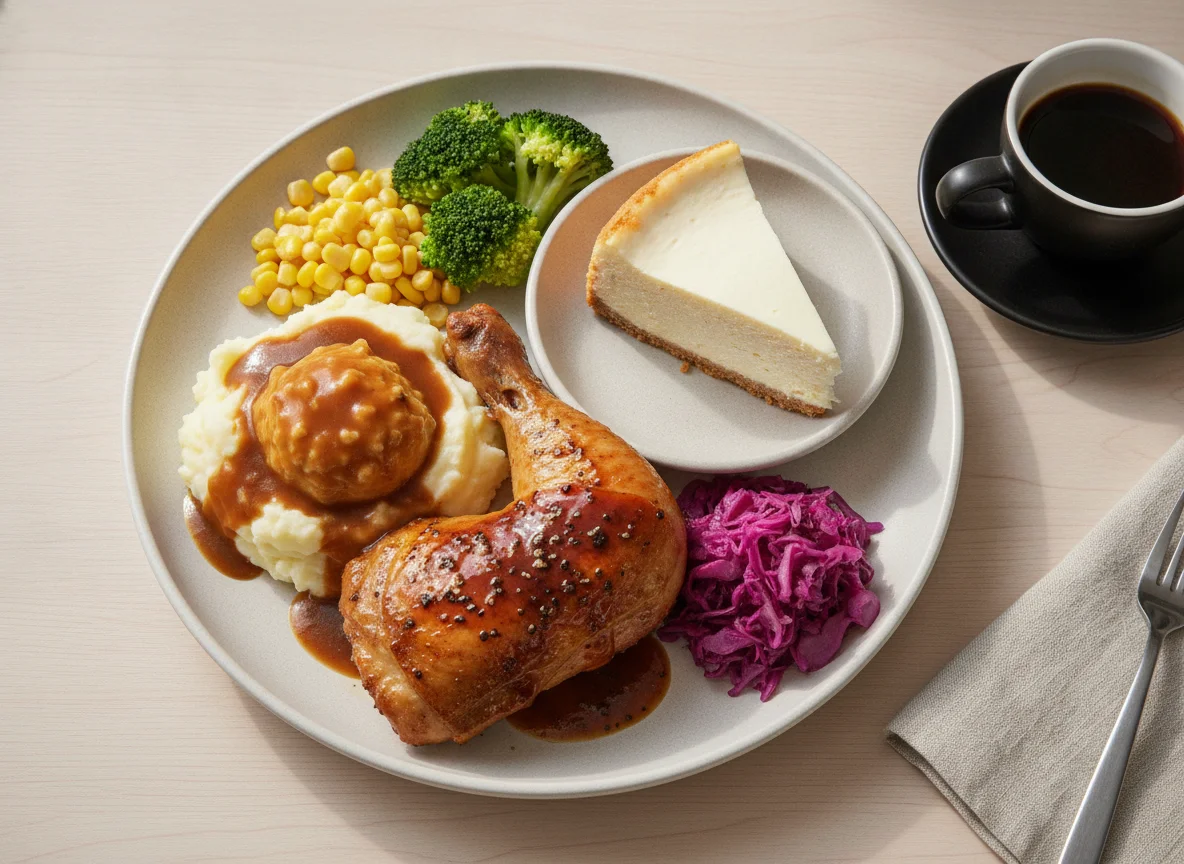 Roasted Chicken Leg with Cheesecake and Sides photo