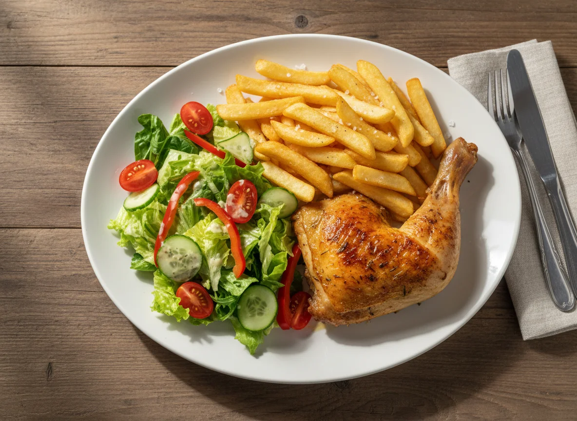 Roasted Chicken Leg with Fries and Salad photo