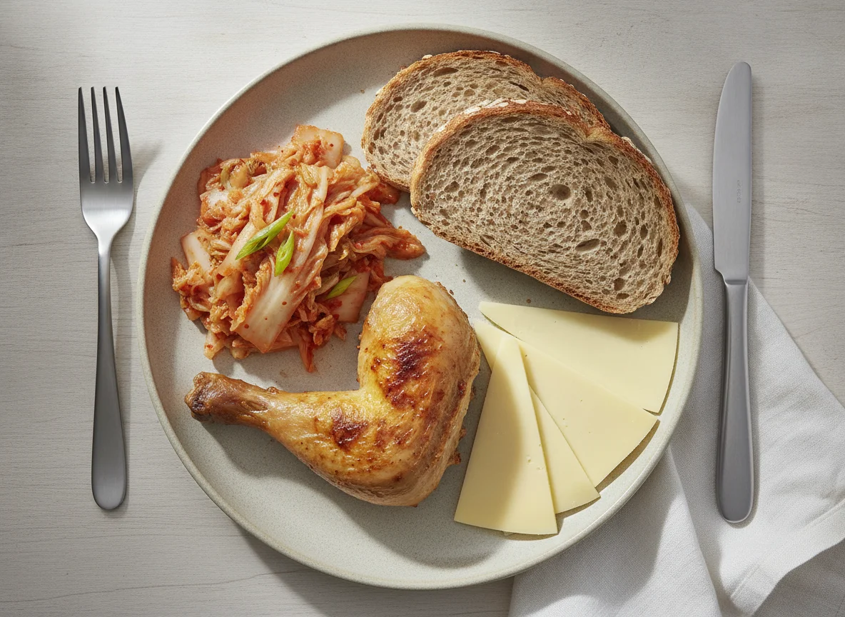 Roasted chicken leg with kimchi, bread and cheese photo