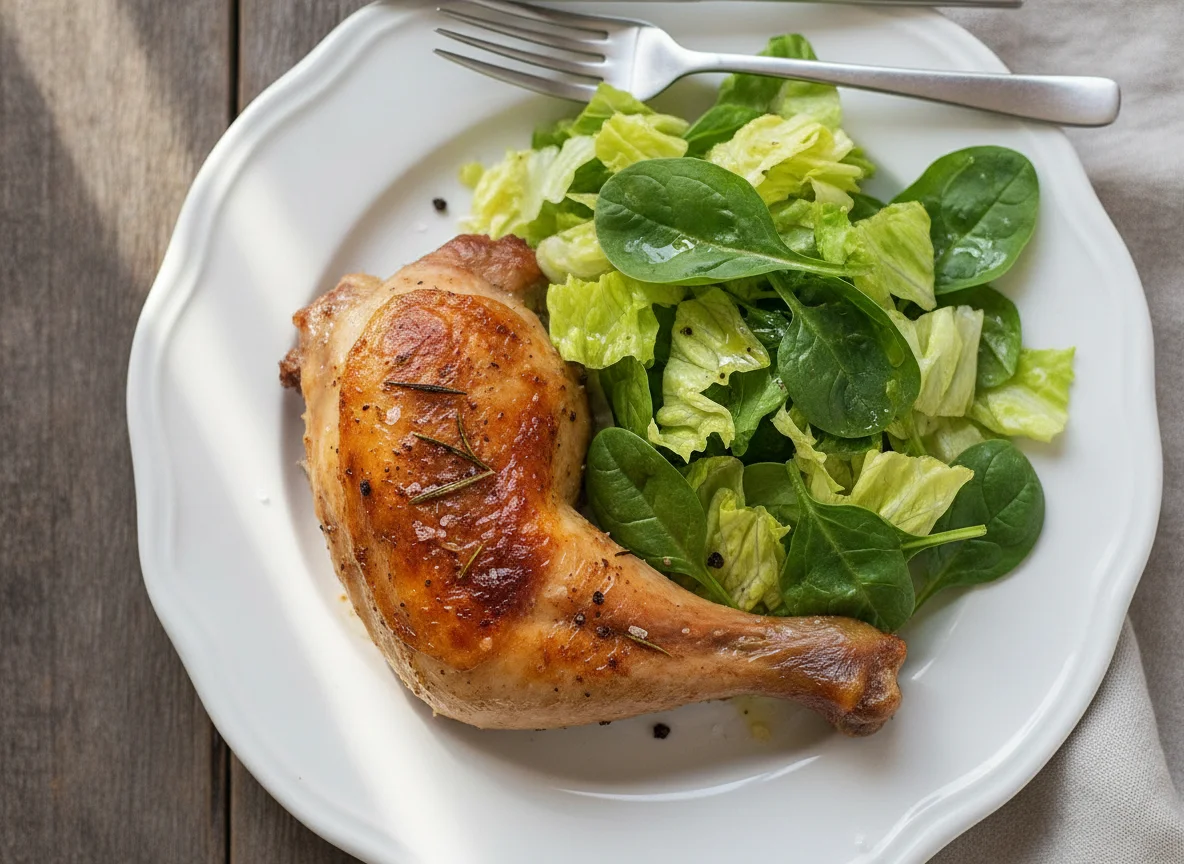 Roasted chicken leg with mixed green salad photo