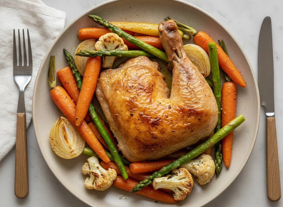 Roasted chicken leg with mixed vegetables photo