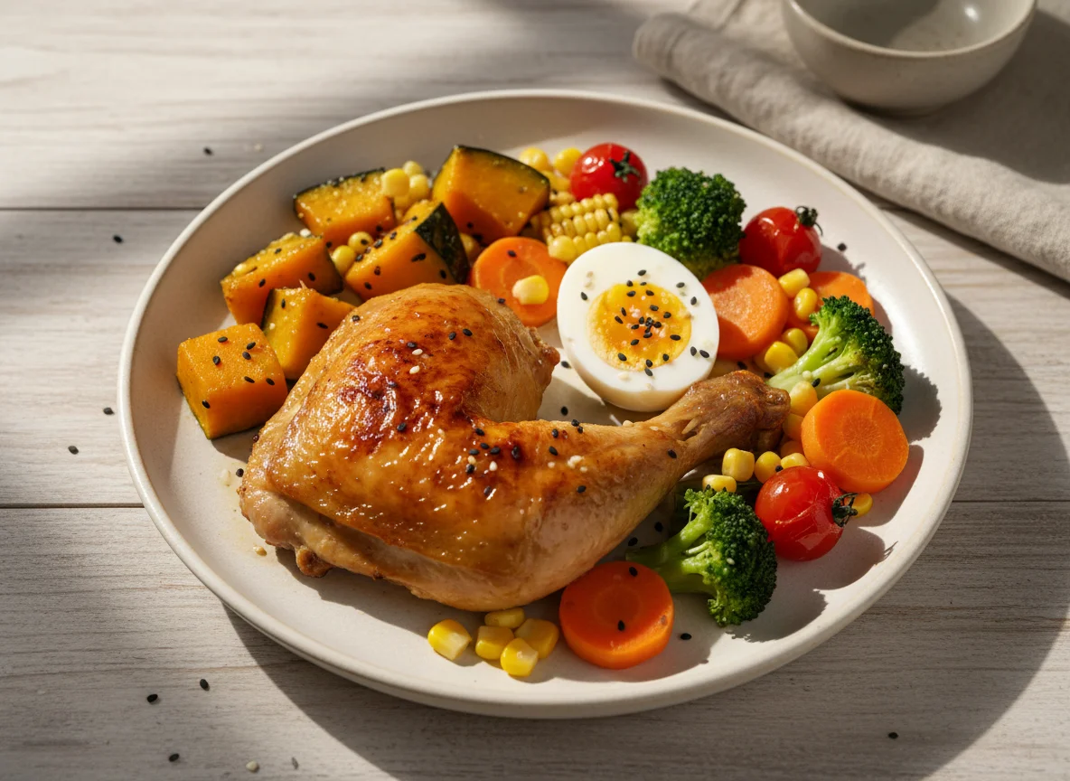 Roasted Chicken Leg with Mixed Vegetables and Egg photo