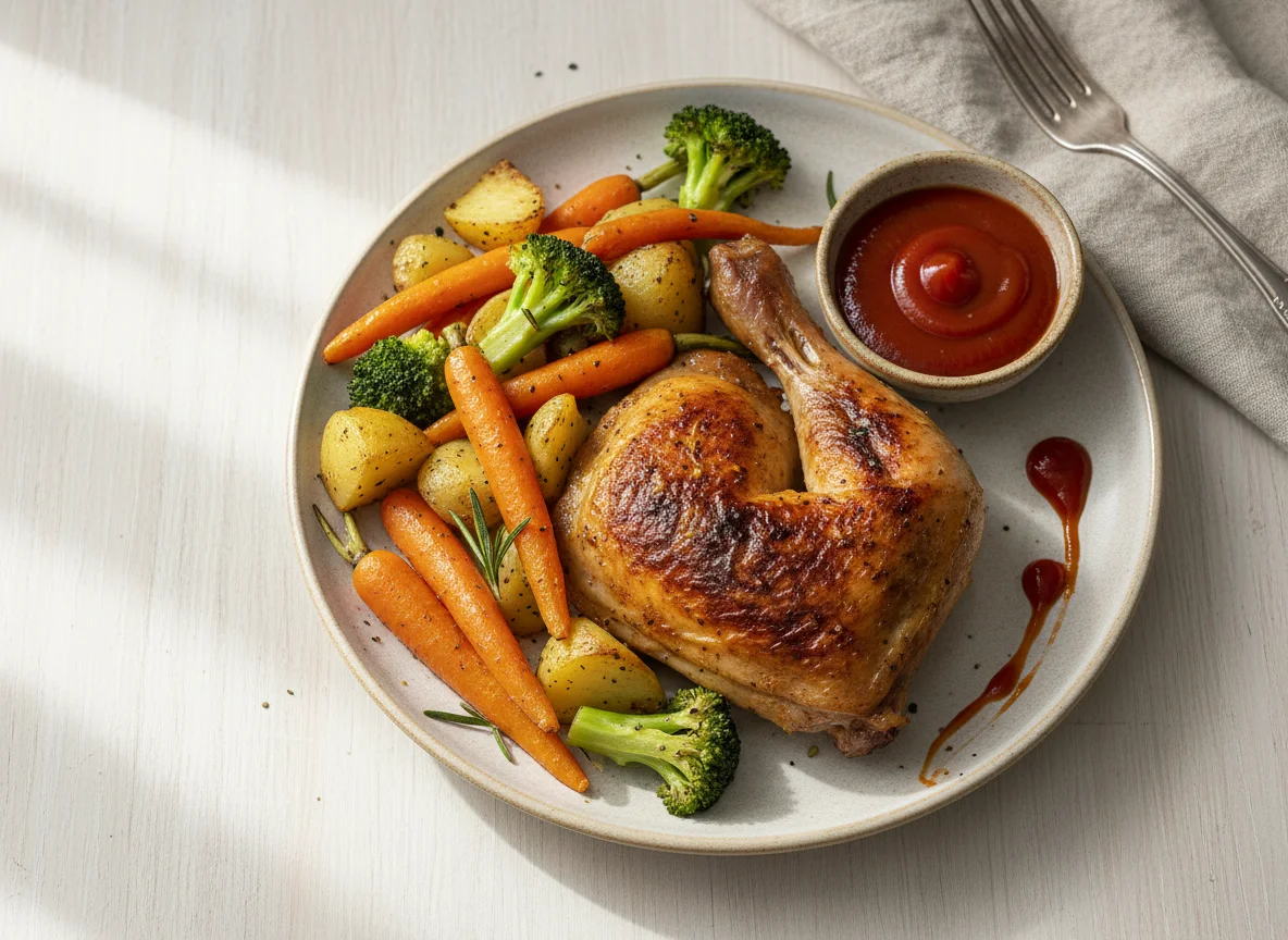 Roasted Chicken Leg with Mixed Vegetables and Ketchup photo