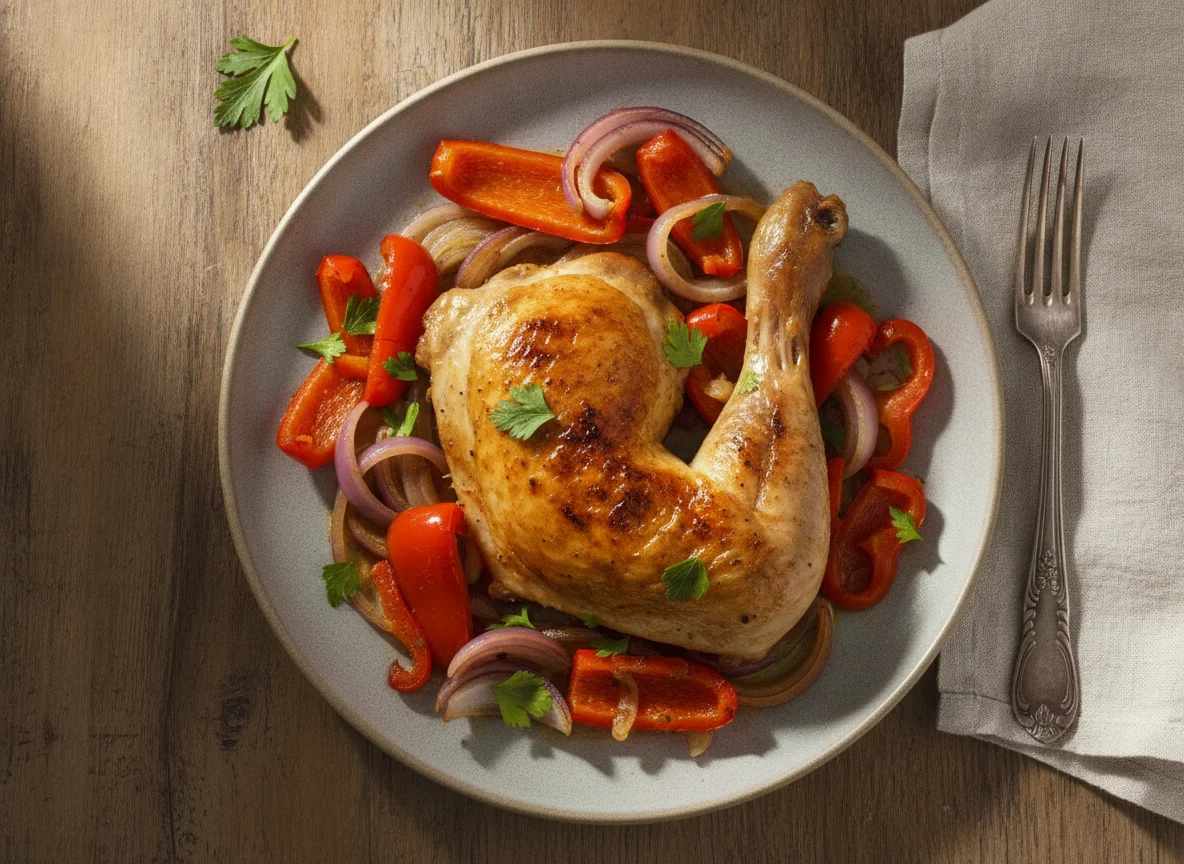 Roasted Chicken Leg with Peppers and Onions photo