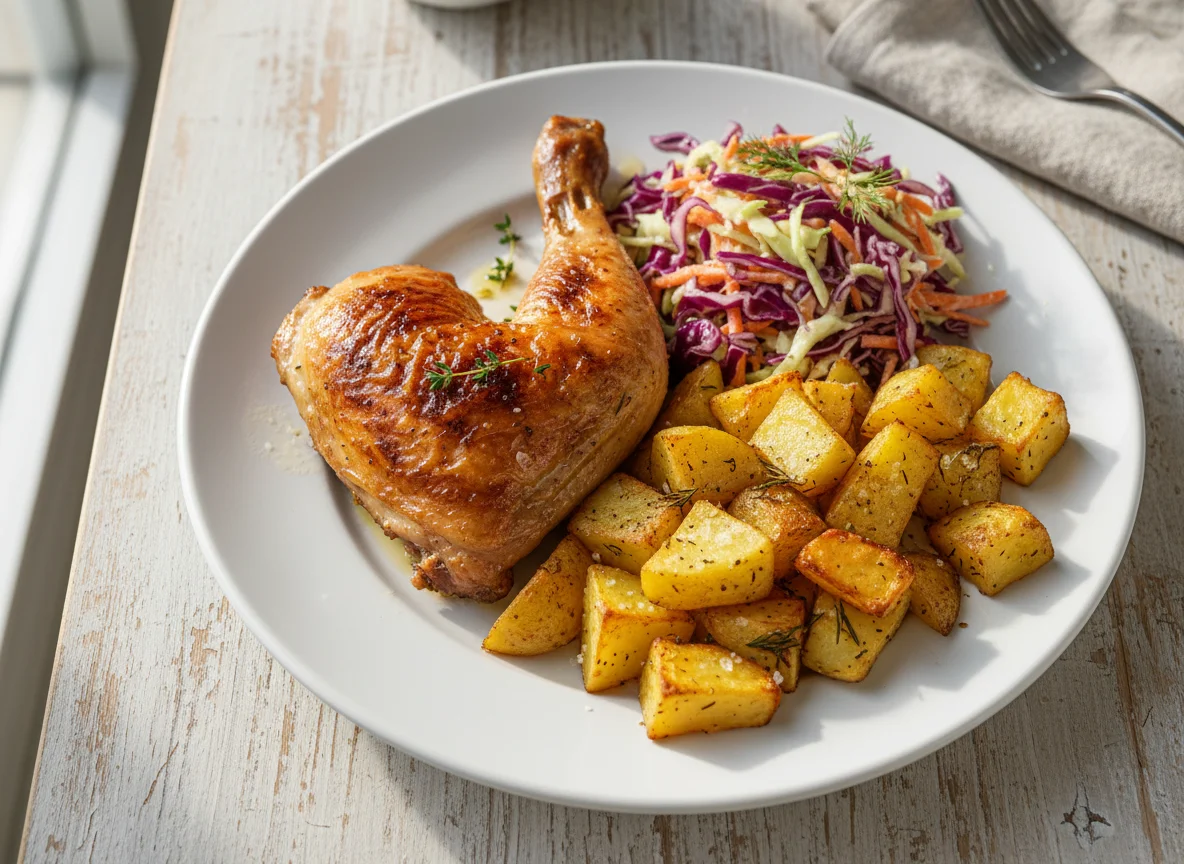 Roasted Chicken Leg with Potatoes and Salad photo