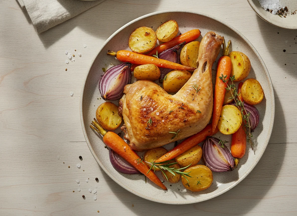 Roasted chicken leg with potatoes and vegetables photo
