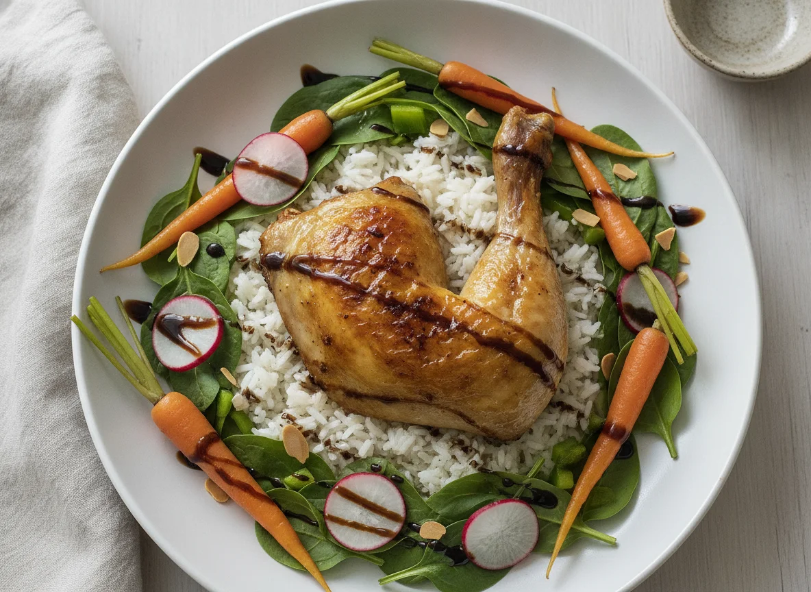 Roasted chicken leg with rice and fresh vegetables photo