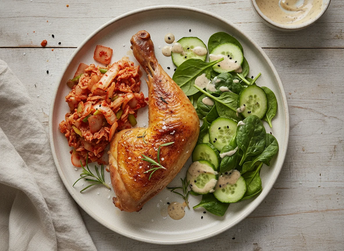 Roasted chicken leg with salad and kimchi photo