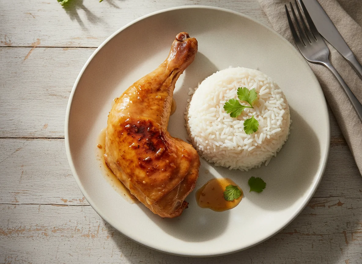 Roasted chicken leg with white rice photo