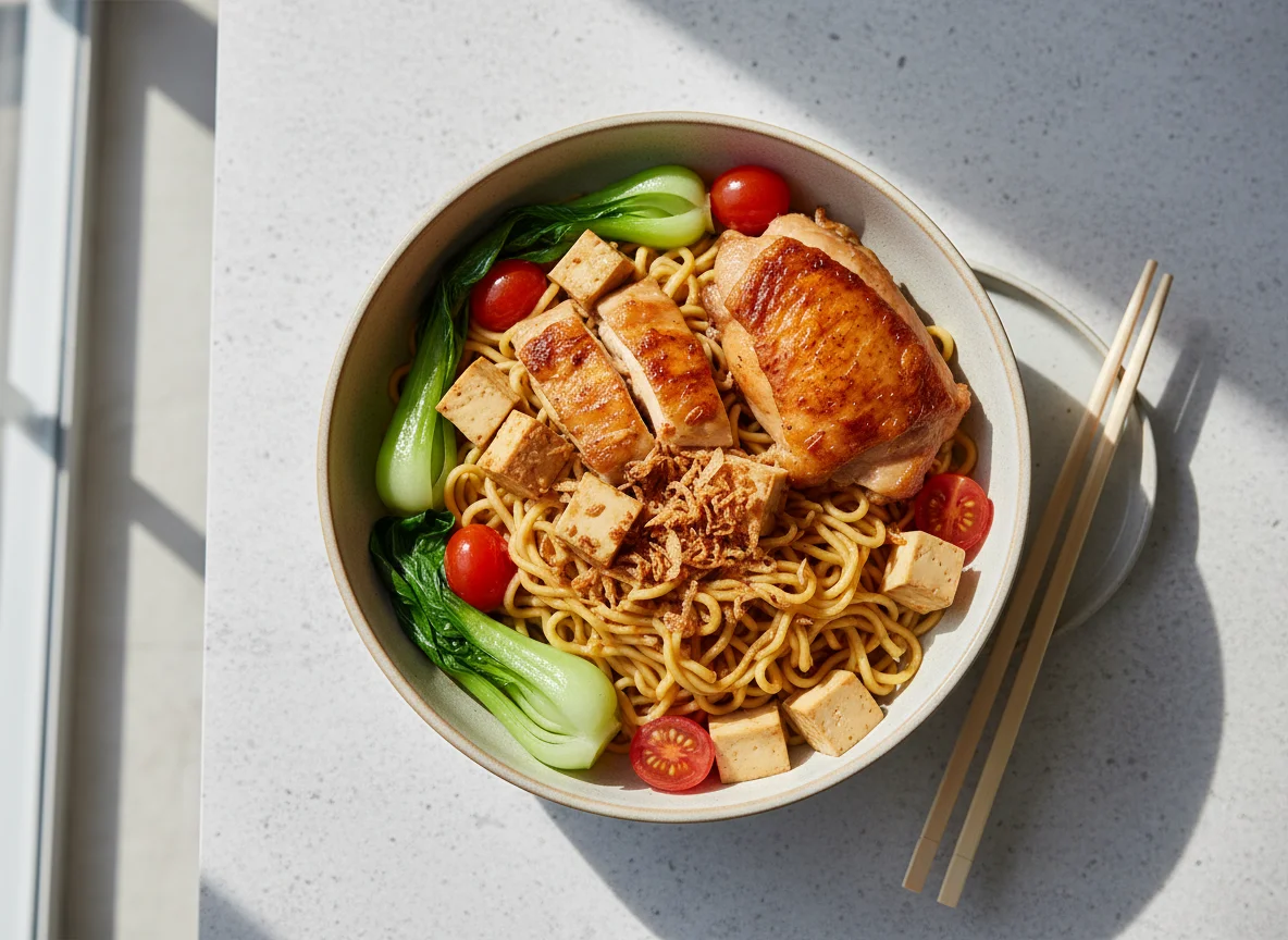 Roasted Chicken Noodles with Steamed Egg Tofu photo