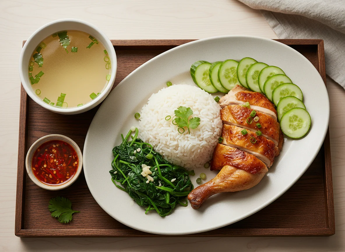 Roasted Chicken Rice with Vegetables and Soup photo