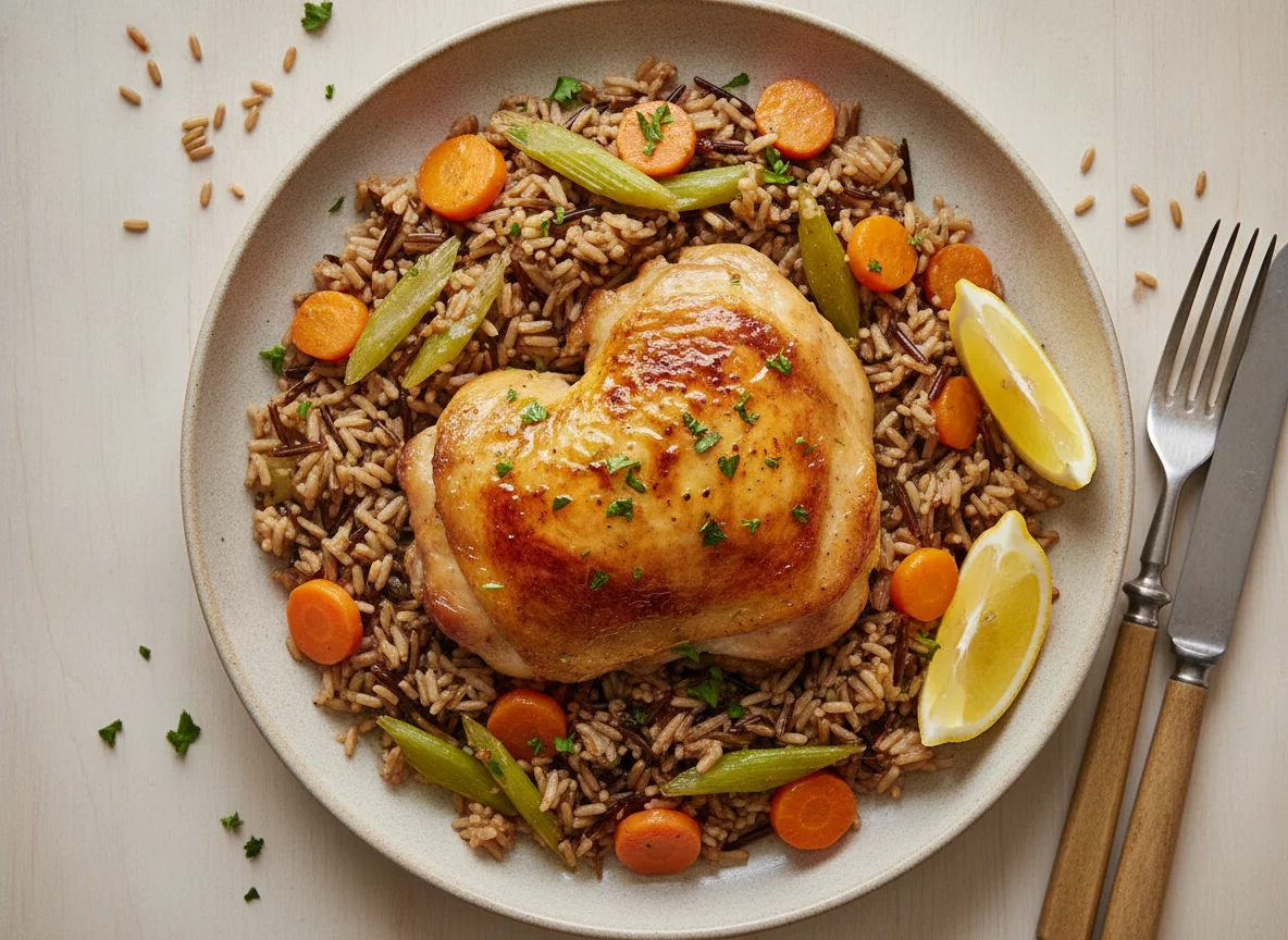 Roasted chicken thigh with wild rice and vegetables photo