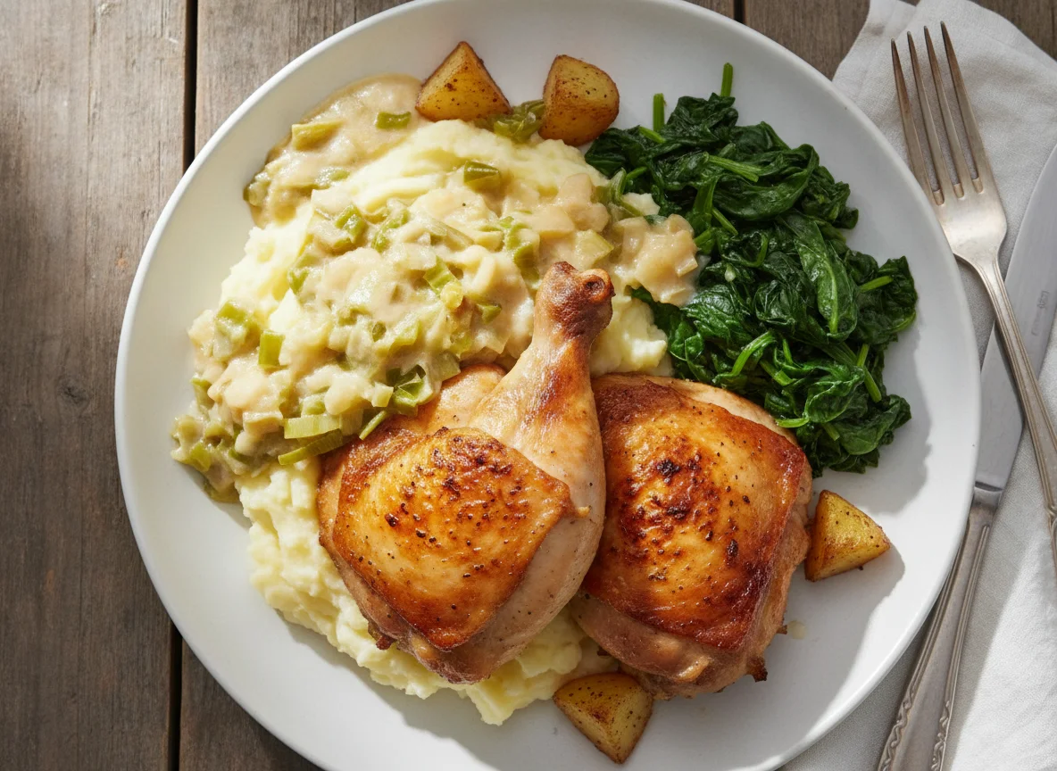 Roasted Chicken Thighs and Cheesy Leek Sauce with Spinach and Mash photo
